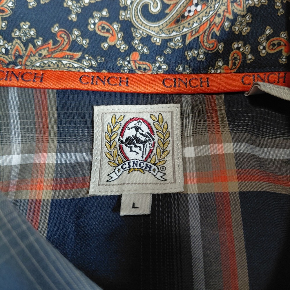Cinch Mens Large Long Sleeve Button Down Shirt Blue Orange Plaid Paisley Trim - Picture 5 of 13